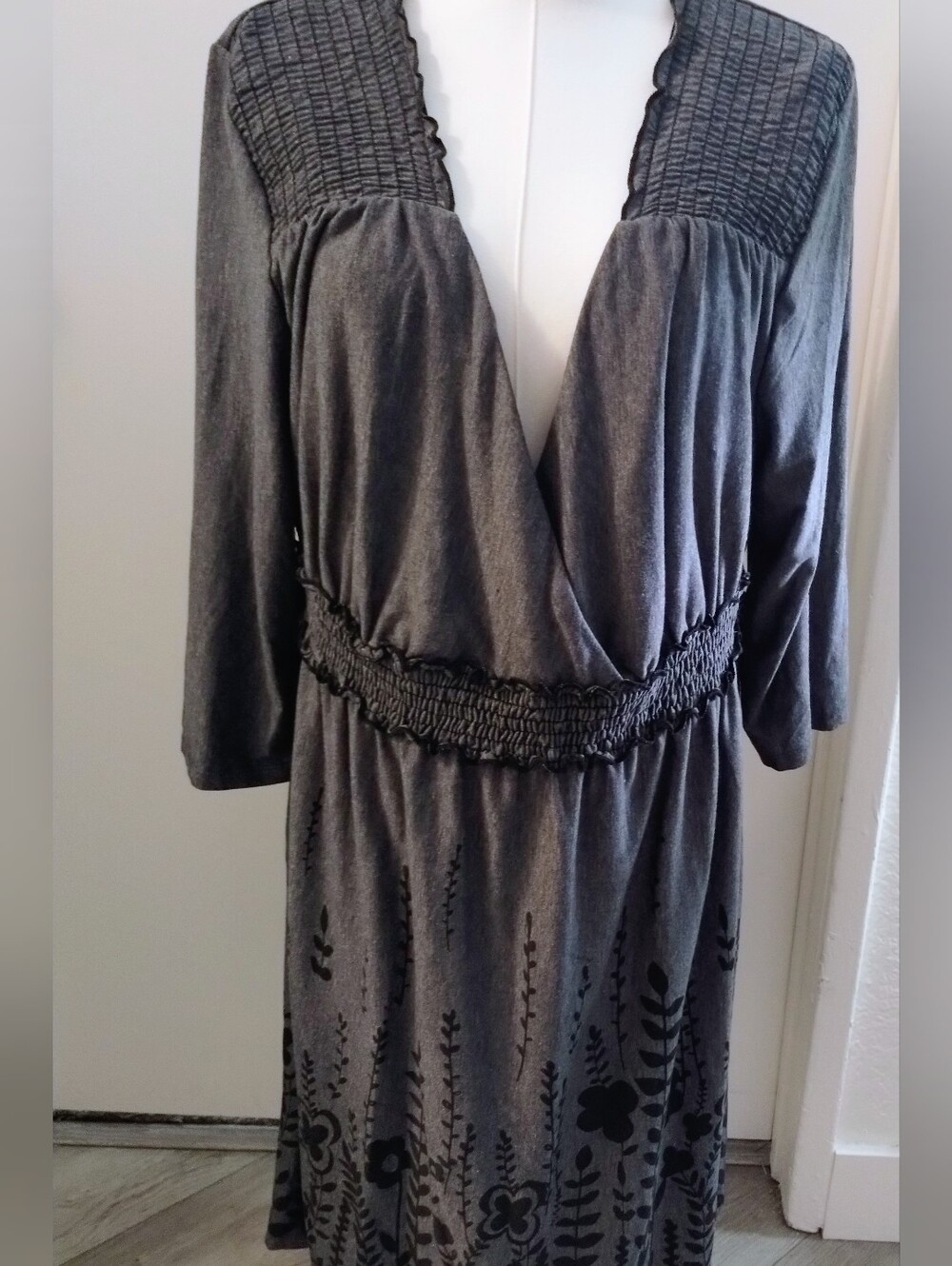 Just My Size Charcoal Gray Smocked Waist V-Neck Maxi Dress